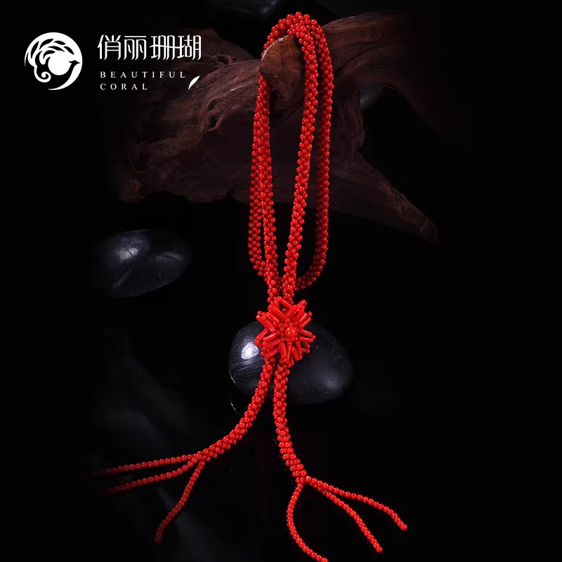 俏丽红珊瑚毛衣链时尚圆珠编织项链地中海纯天然沙丁彩宝珠宝首饰