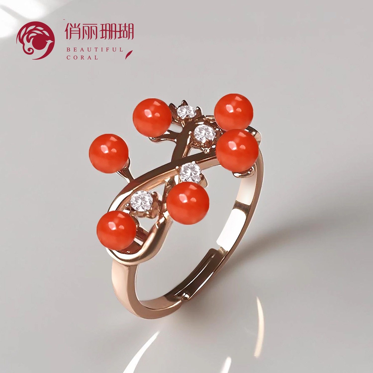 俏丽纯天然红珊瑚S952银镶嵌戒指