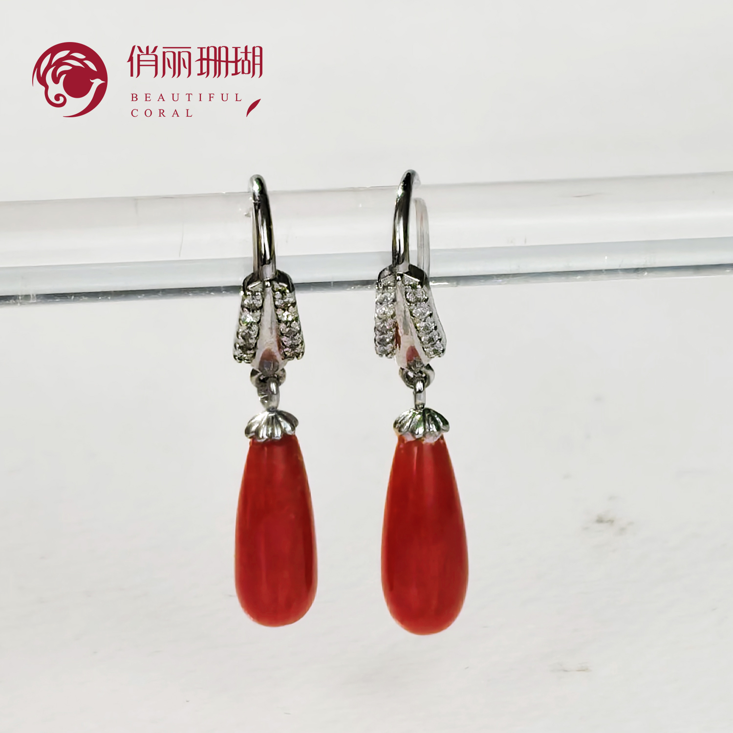 俏丽纯天然红珊瑚925银耳坠