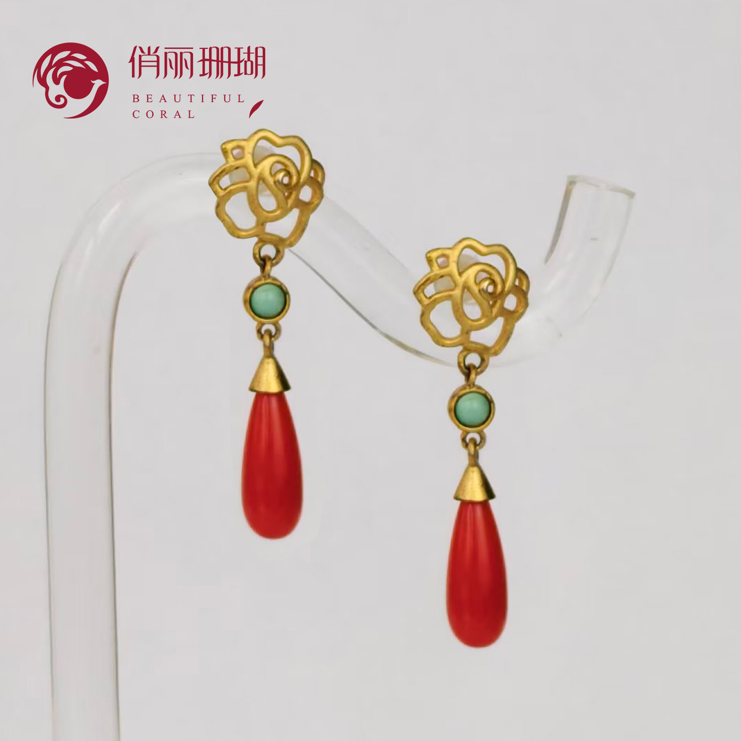 俏丽纯天然红珊瑚925银耳坠