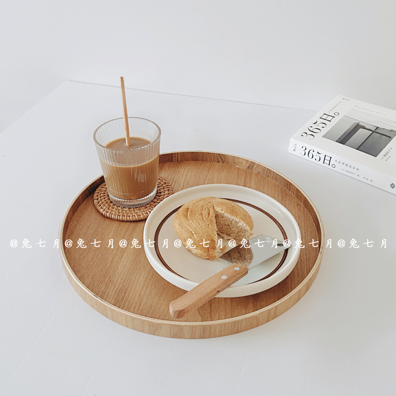 兔七月ins韩风木质托盘日式圆形木盘收纳盘点心盘子咖啡馆糕点盘