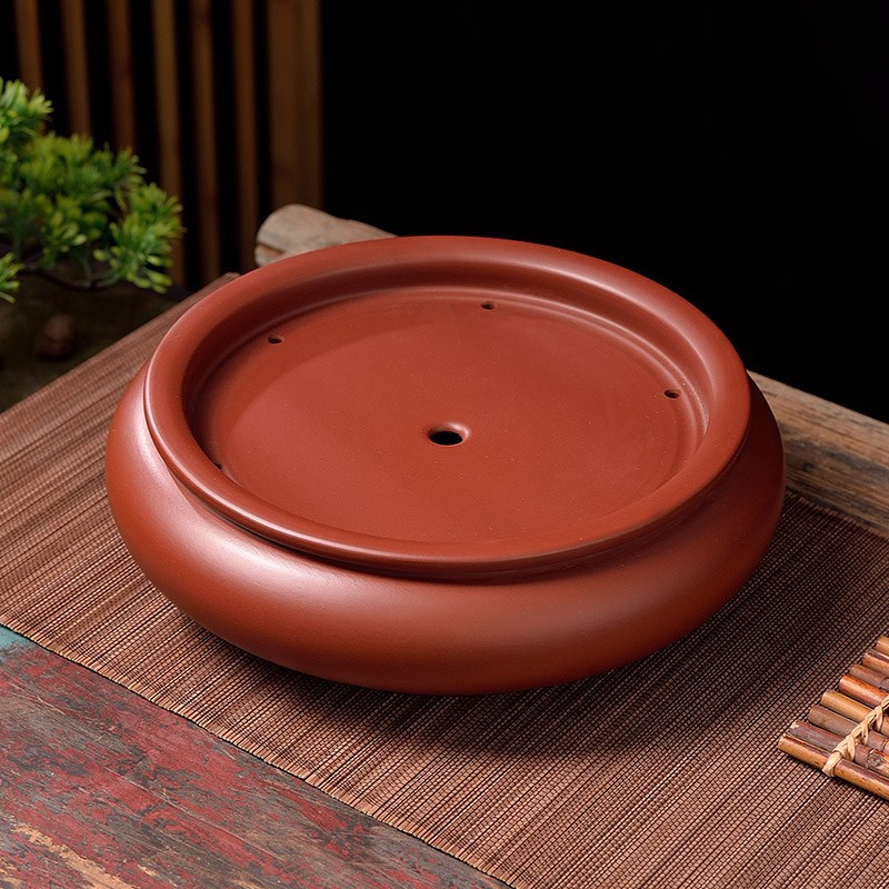 纯手工大师手拉朱泥茶盘紫泥家用圆形紫砂茶船储水干泡台茶海托盘