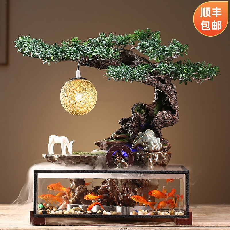 创意招财养鱼缸造景摆件喷泉流水循环水车中式桌面办公室开业礼品