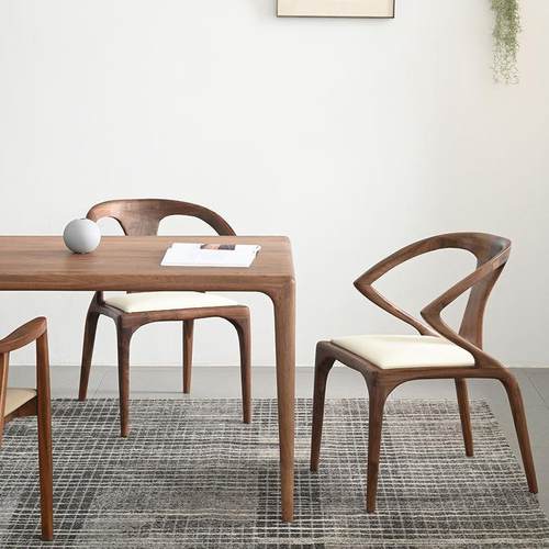 简约成人胡桃木洽谈休闲北实剑椅欧全木餐椅客厅椅家用真皮靠背黑