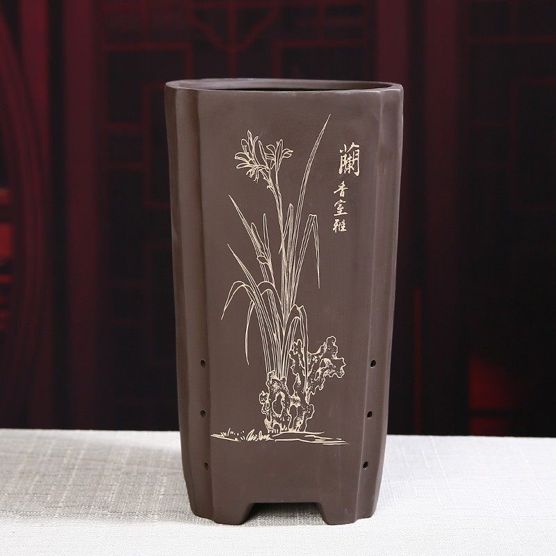 紫砂花盆陶瓷2021新款大口径君子兰直筒深高盆兰草绿植专用带托盘
