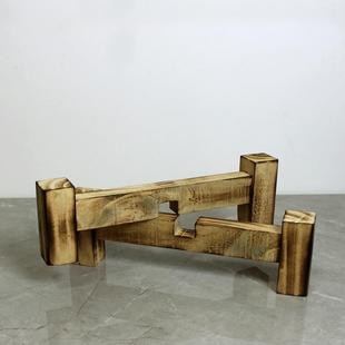 缸古坛陶瓷鱼双层客厅花盆座四脚实木底法支撑酒架石缸磨十字1025