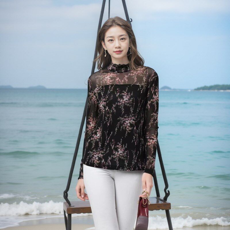 春秋经典新款网纱印花半高领女士大码t恤长袖百搭薄款妈妈打底衫