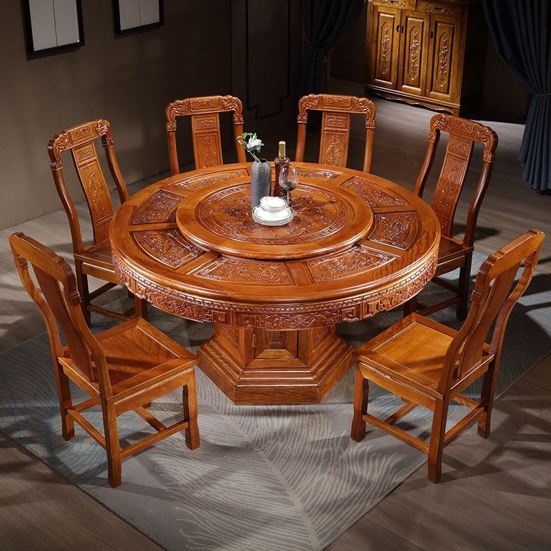 全实木花梨木餐桌椅组合菠萝格木仿古雕花家用吃饭桌带转盘大圆桌