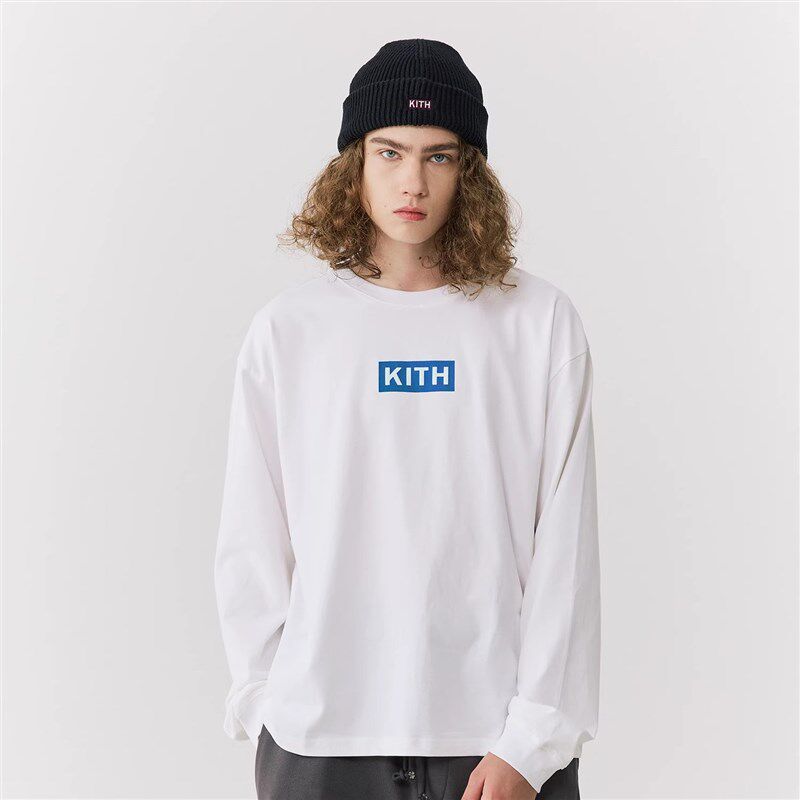 KITH BOX LOGO胸前植绒印花长袖男圆领套头Tee恤V情侣打底衫女美