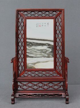 红木屏风插屏酸枝木雕刻家居摆件天然大理石插屏实木屏风座屏台屏