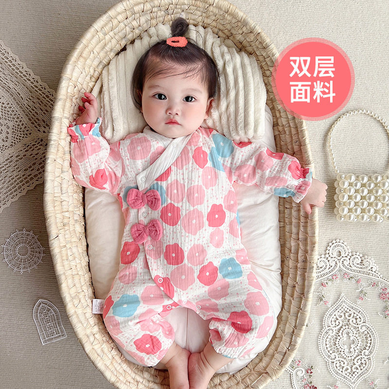 婴儿纯棉连体衣女宝宝秋季四个月新生儿超萌公主哈衣满月百天爬服