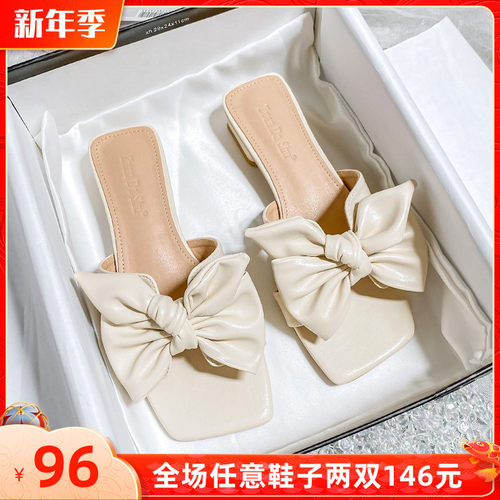 网红拖鞋女夏外穿高级感粗跟蝴蝶结凉拖inJs潮仙女大码女鞋41一43