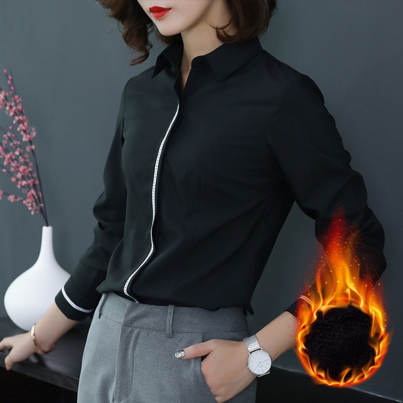 加绒女衬衫保暖职业秋冬季打底加厚工装气质百搭工作W服长袖白衬