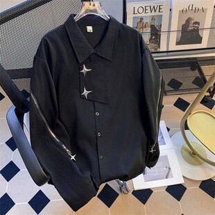 小众金属拉链长袖衬衫男秋季美式高街痞J帅宽松高级设计感外穿衬