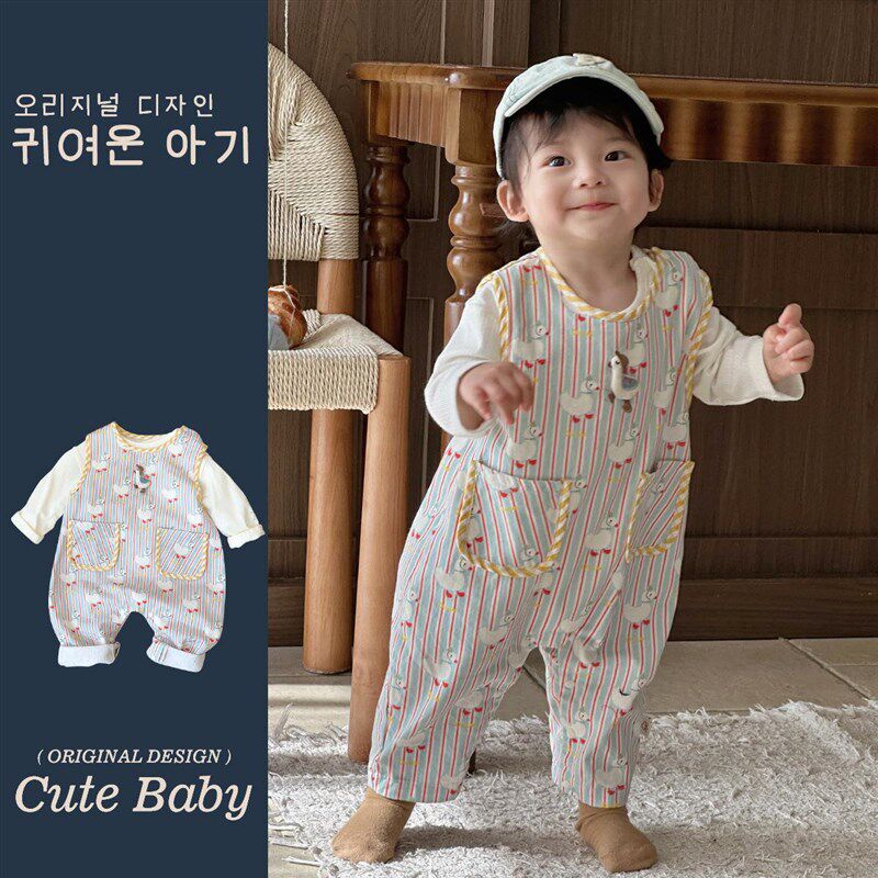 2025春秋季婴儿韩版洋气条纹背带裤男女宝宝可爱连体衣外出服套装