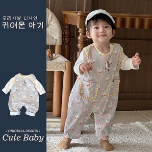 2025春秋季婴儿韩版洋气条纹背带裤男女宝宝可爱连体衣外出服套装