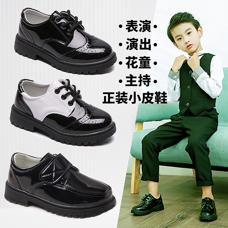 儿童皮鞋男童黑色小皮鞋男孩演出表演加绒黑色小皮鞋小学生漆皮鞋