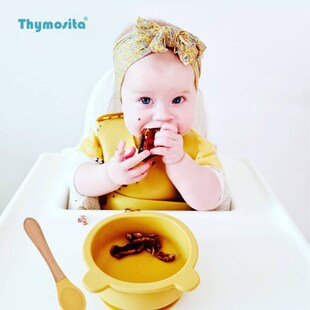 宝宝硅胶餐盘碗木柄勺套餐 婴儿可爱熊吸盘式学吃饭X辅食儿童餐具