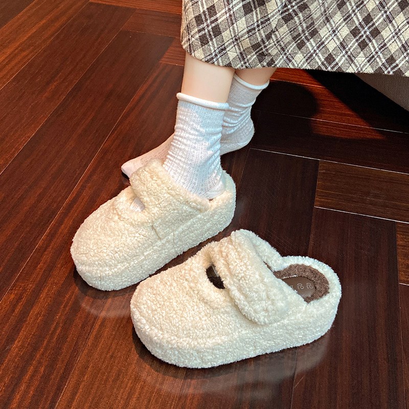 网红街拍法式厚底毛毛拖鞋女外穿2A025秋冬新款小个子增高懒人拖