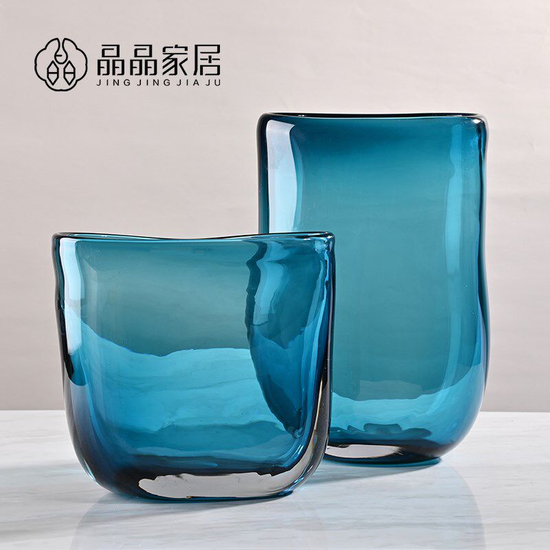 现代简约蓝色大号玻璃花瓶扁口型厚重瓶子客厅摆场陈列玄关饰品