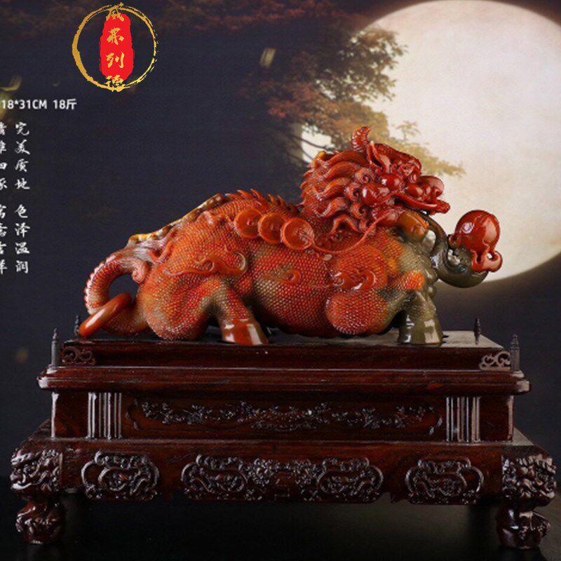 威弗列德寿山石原k石雕刻麒麟献宝招财进宝摆件巧雕工艺书房摆设