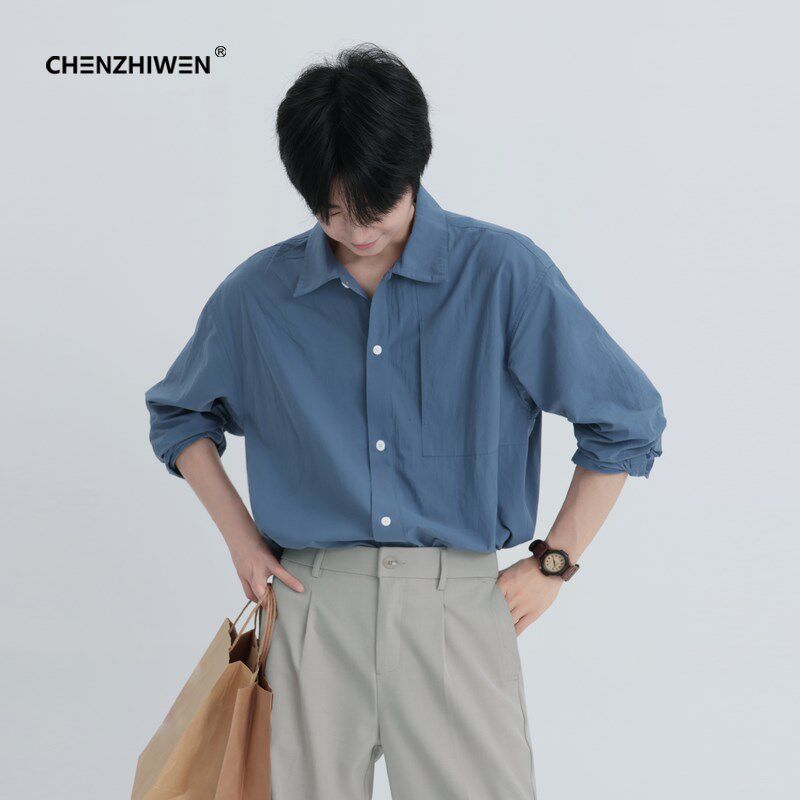 陈智文夏季新款高级设计感休闲蓝色薄款宽松长袖衬衫衬衣男