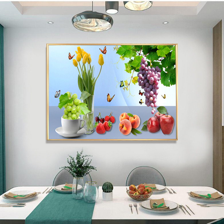 餐厅装饰画新款水果挂画饭厅壁画晶瓷镶钻画单幅酒杯有框画金属画