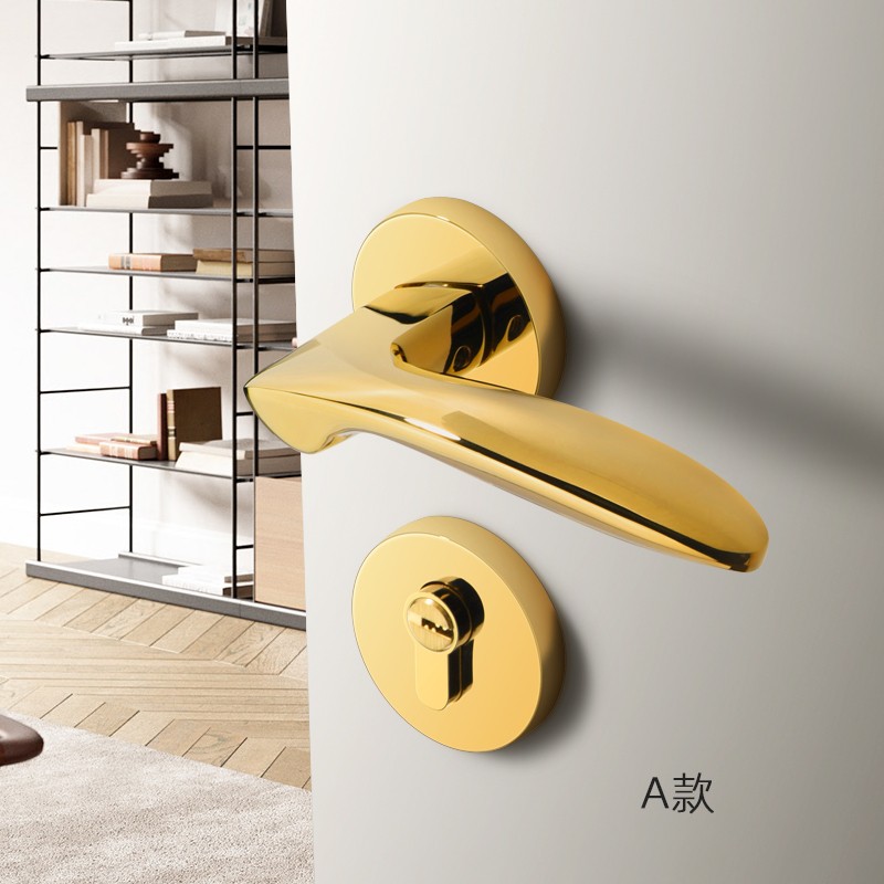 金色分体简约现代门锁美式室内卧室房门锁磁吸静音门锁家用门把手