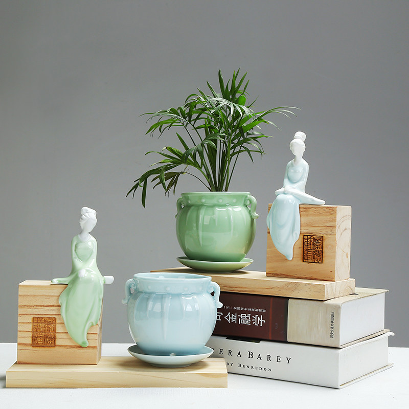 多肉肉植物陶瓷花盆绿萝吊兰文竹绿植琴棋书画陶瓷花盆套装带托盘