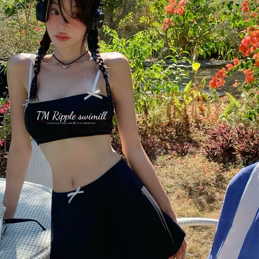 波浪新款分体泳衣女裙式性感抹胸ins辣妹比基尼高腰小胸温泉度假