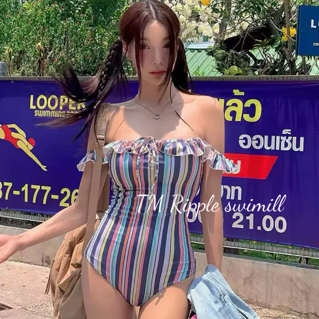 波浪韩版泳衣女性感抹胸一字肩遮肚露背时尚条纹连体泳衣海边度假