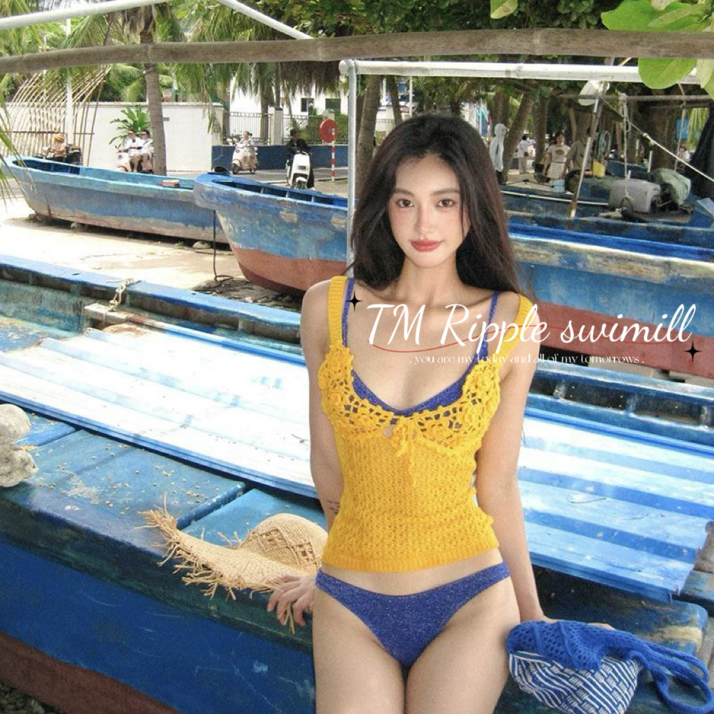 波浪泳衣女新款姜黄色针织叠穿海岛度假温泉多巴胺分体性感比基尼