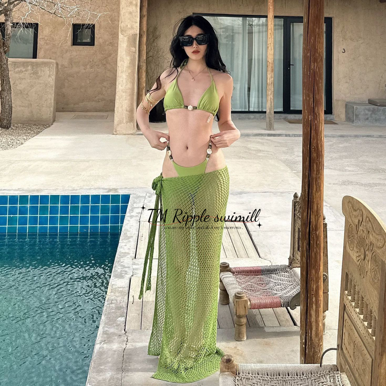 波浪泳衣果绿色比基尼显白沙滩小胸绑带分体三件套渔网裙辣妹性感