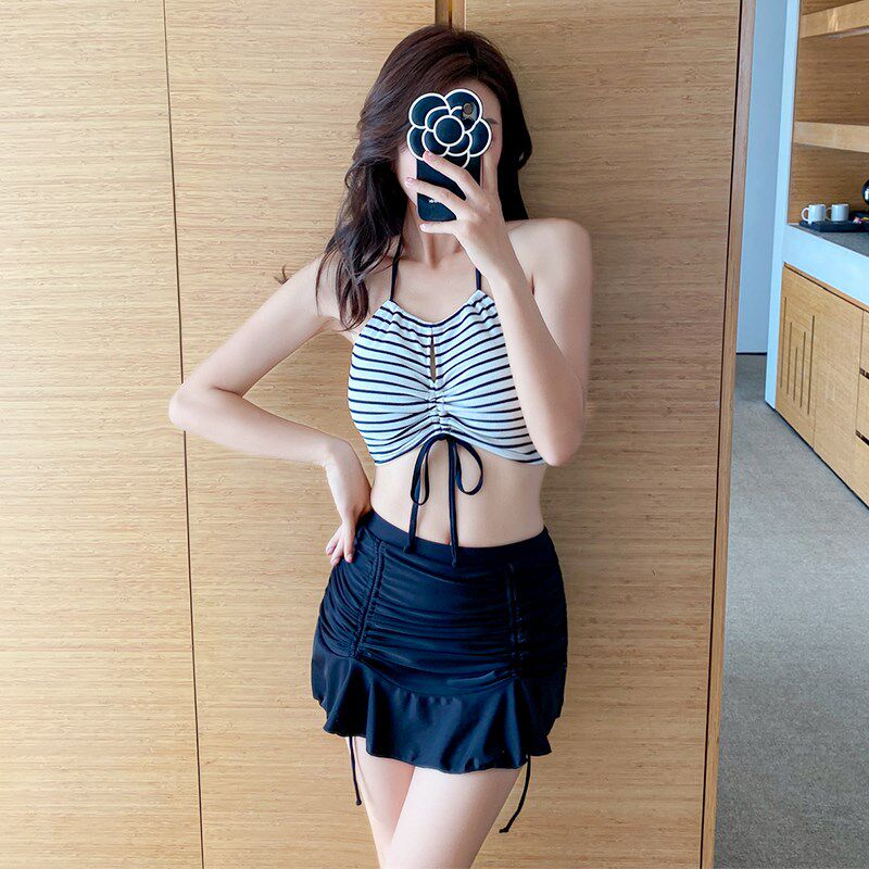 少女条纹b遮肉显瘦高级感保守2025年新款网红三件套分体泳衣女温