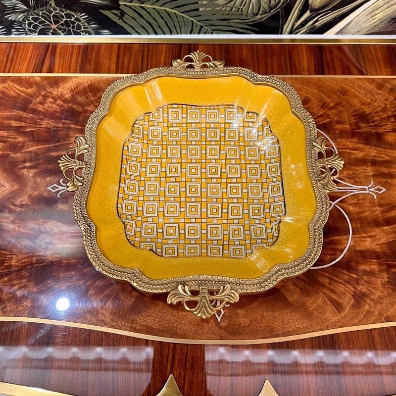 英式古典a铜加陶瓷方形平底碟子摆件别墅客厅餐厅桌面装饰储物蝶