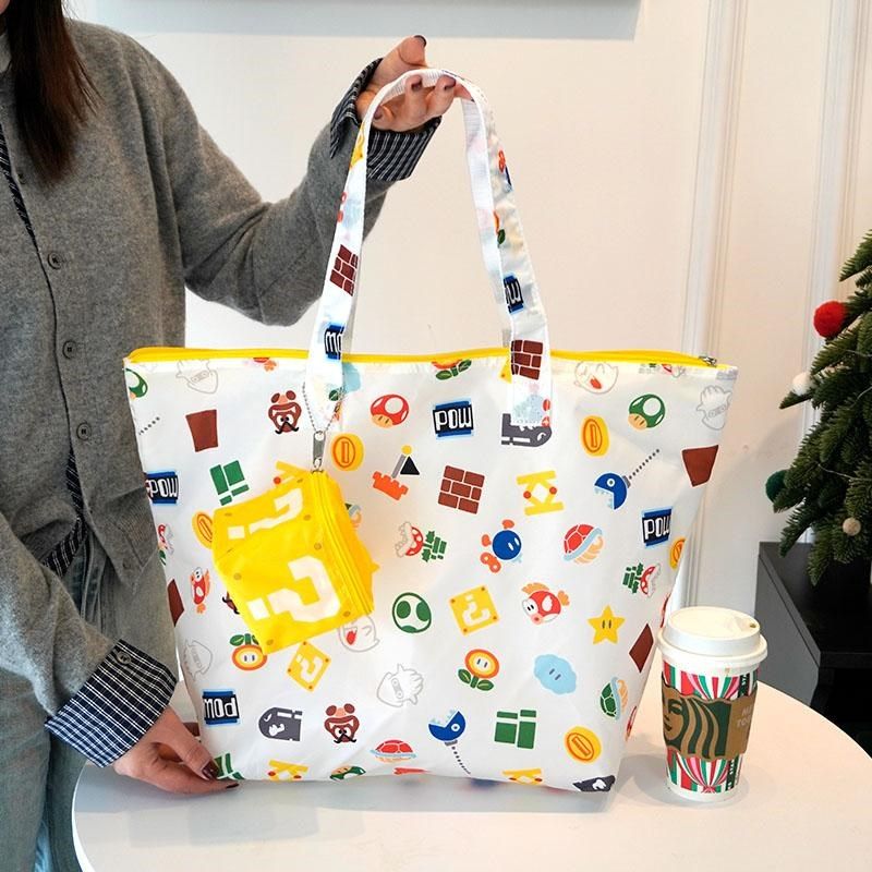 日系可爱卡通大容量拉链购物袋超市单肩袋子可折叠收纳袋两件套,收纳整理,购物袋/环保袋/帆布袋,淘宝优惠券,粉丝福利购,淘宝优惠卷