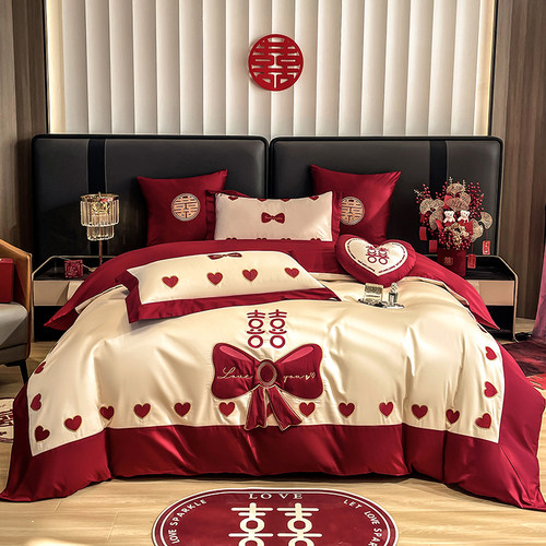 公主风结婚四件套新婚床上用品全A棉红色喜庆100支长绒棉抱枕六件
