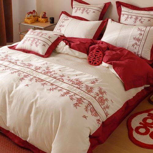 60S长绒棉刺绣婚庆四件套亲肤被套床单高级喜庆结婚套件