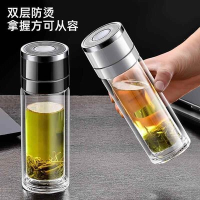 水杯2025新款男士玻璃杯一键开盖车载保温杯防摔双层茶水分离杯子