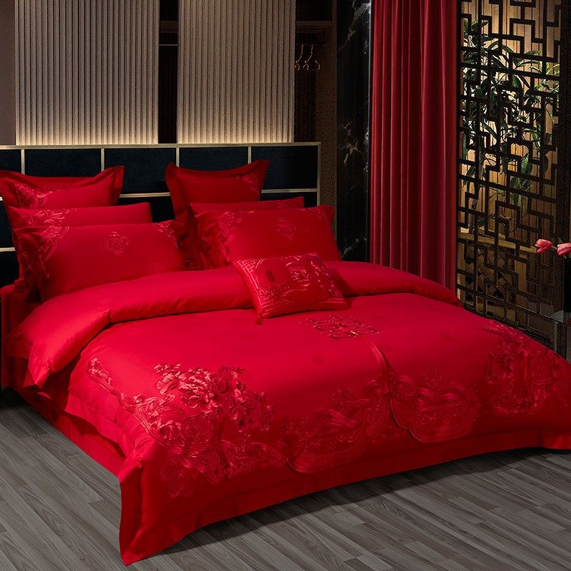 140支全棉婚庆四六十件套刺绣新婚房床上用品大红色喜被子结婚,床上用品,婚庆床品套件,淘宝优惠券,粉丝福利购,淘宝优惠卷