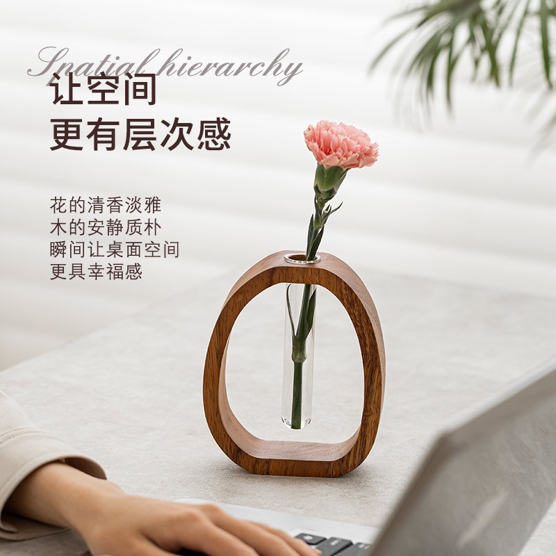 免打孔壁挂花器实木迷你水培插花器中式玻璃桌面艺术花瓶摆件