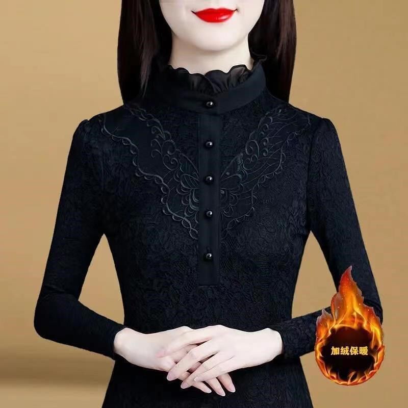 加绒加厚黑色蕾丝打底衫女秋冬2T恤