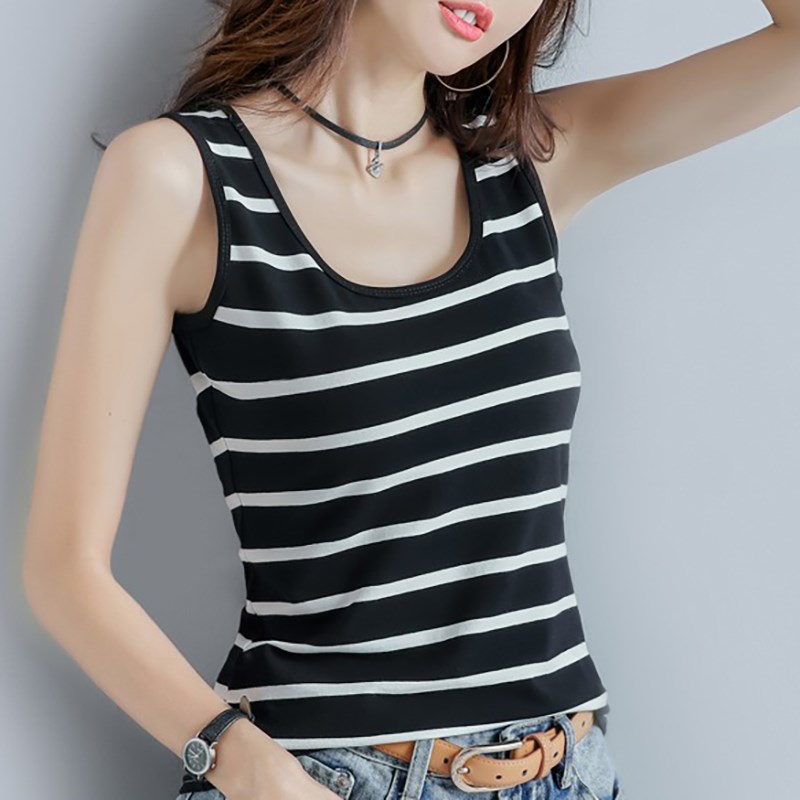 黑白条纹背心女纯棉夏新款外穿内搭无袖纯棉吊带t恤衫设计感上衣