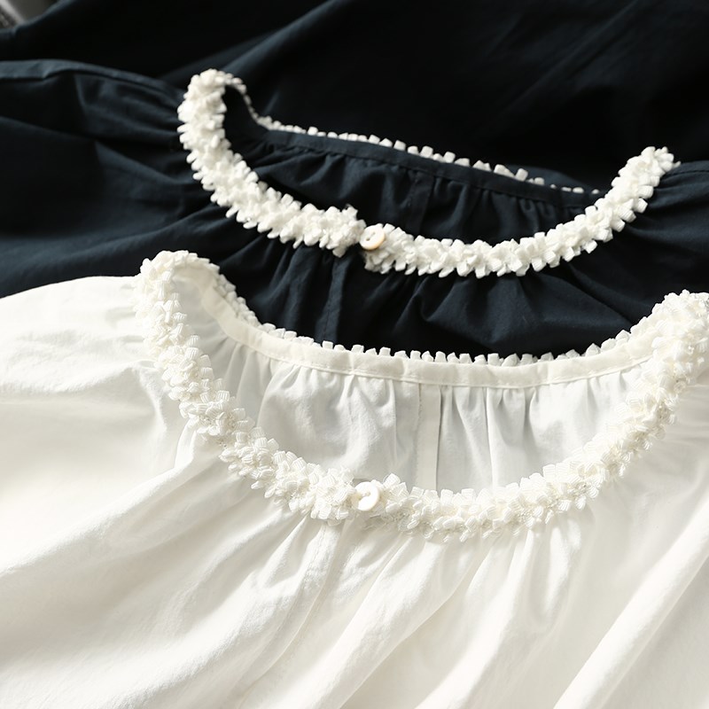 淘么淘 演绎法式浪漫 长绒棉宽松百搭掐褶花边长袖衬衫女上衣新款