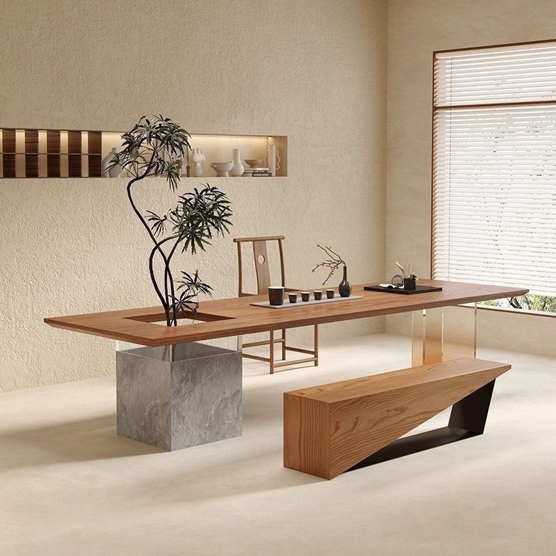 侘寂风客厅实木茶桌椅组合创意简约茶台盆栽茶几办公室大板会客桌