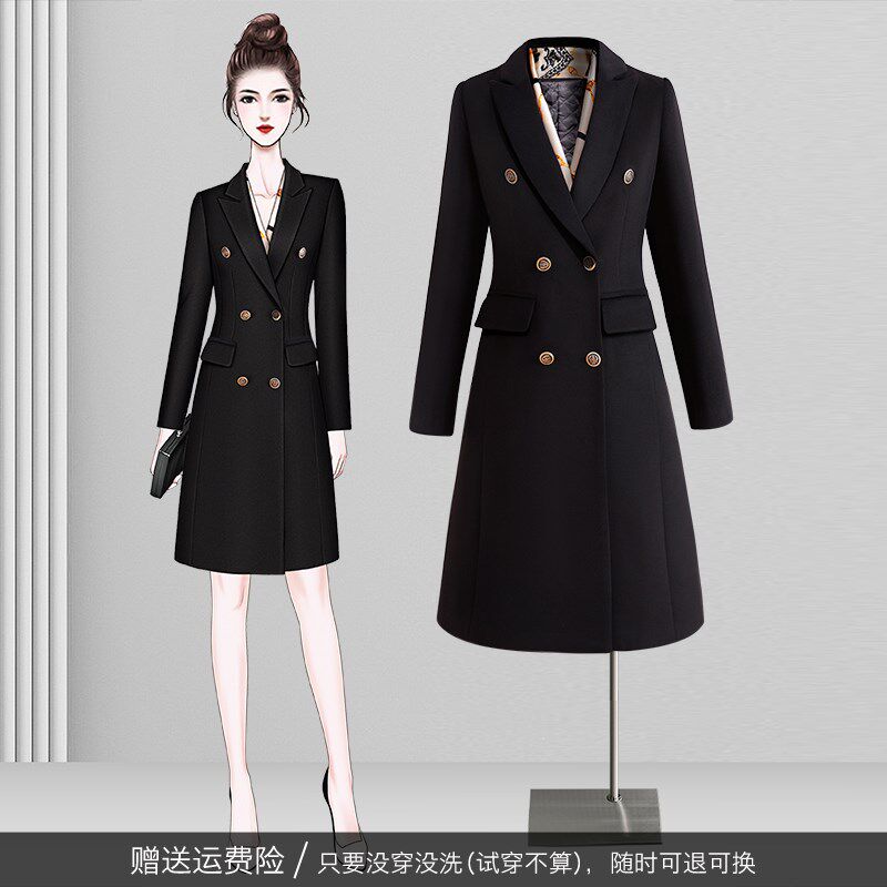 丝巾职业毛呢大衣女中长款冬气质修身双排扣珠宝店工作服呢子外套