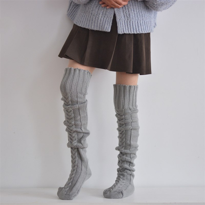 加长麻花堆堆袜套浅灰色针织JK腿套长筒靴袜居家地板原宿文艺学院