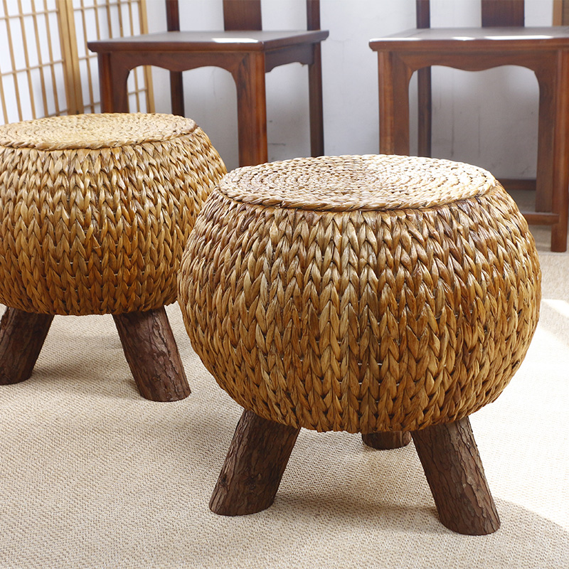 矮凳坐墩圆凳换鞋凳草编藤编阳台榻榻米板凳时尚家用乡村实木凳子