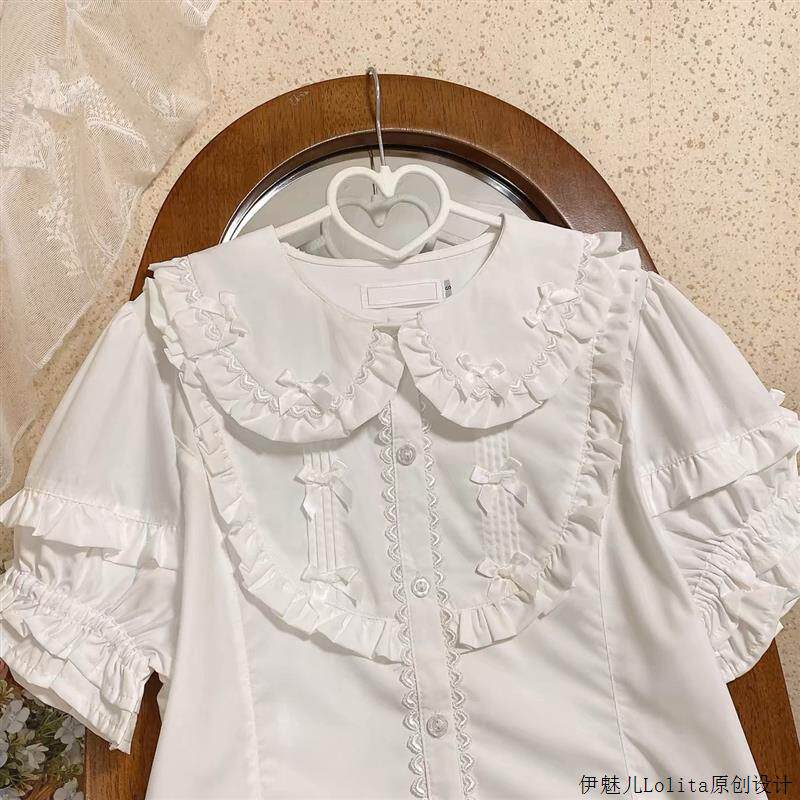 伊魅儿Lolita内搭泡泡袖娃娃领中古蕾丝可爱软妹短袖洛丽塔衬衫