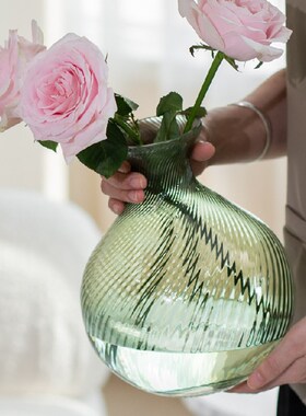 懒地简约绿色大肚玻璃花瓶客厅轻奢设计摆件插花玄关餐桌文艺装饰